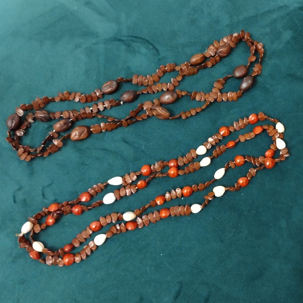 Set of 2 Jamaican Handmade bead seed Brown White Beaded Necklaces